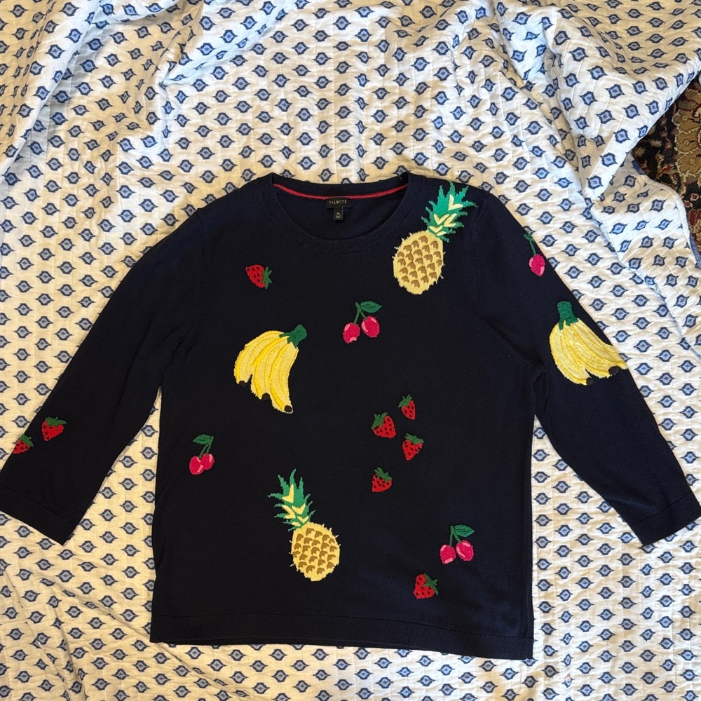 Navy Fruit-Embroidered Talbots XL Sweater Top
